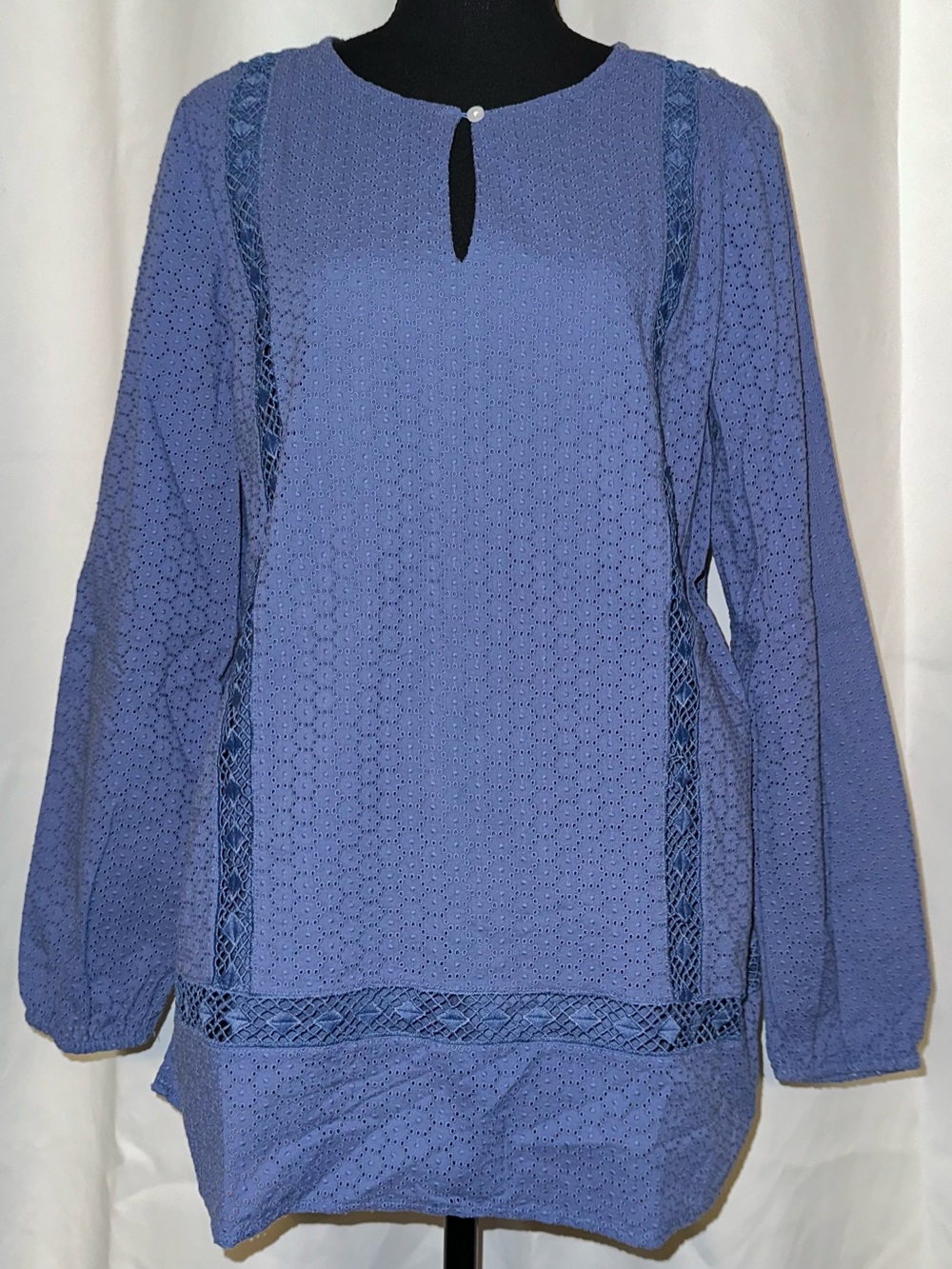 Lands' End Periwinkle Blue Eyelet Lace-Trim Long Sleeve Tunic Medium New